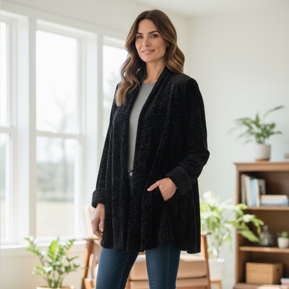 Connected Apparel Black Velvet Open Front Cardigan Soft Plush Evening Jacket